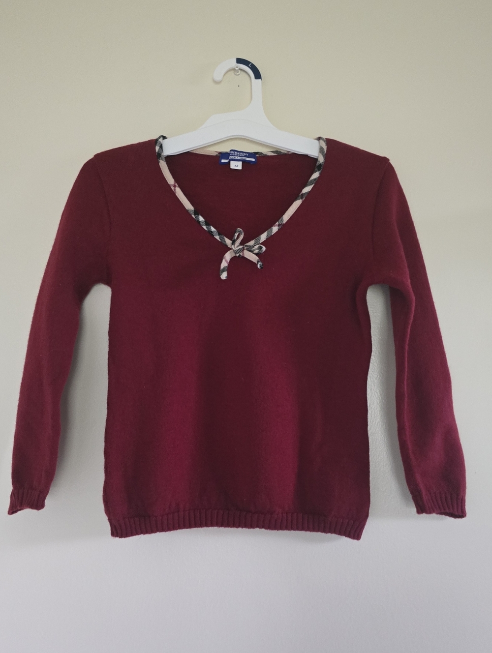 Burberry Blue Label Japanese Wool Burgundy V-Neck Sweater Nova Check Trim Rare - Picture 2 of 12